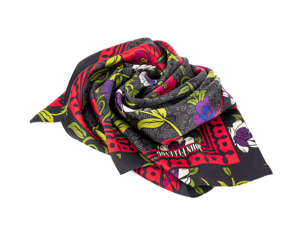 black_floral - Silk scarf detailed view of print and fabric drape