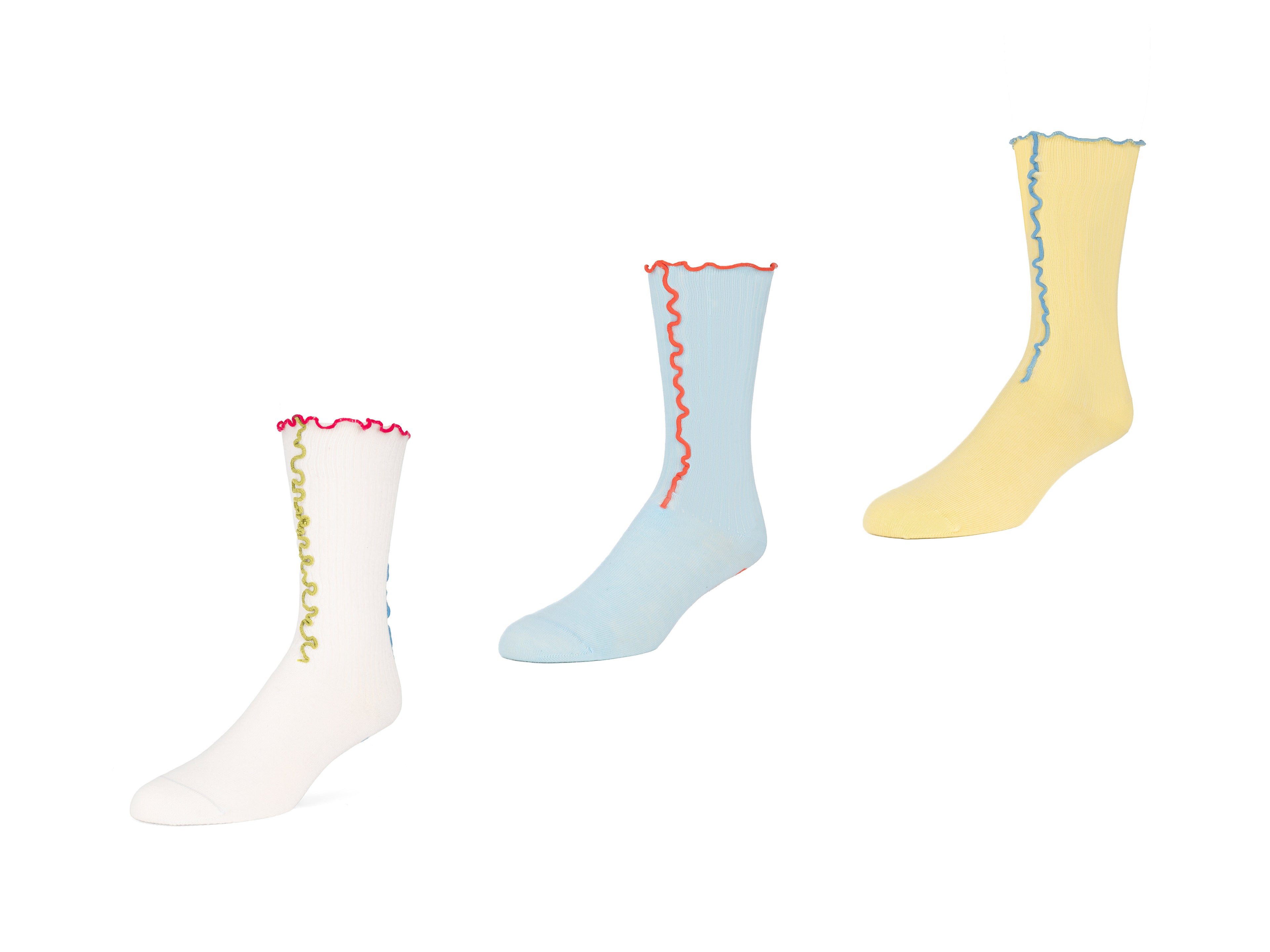 white,yellow,blue - Quarter view of all three socks