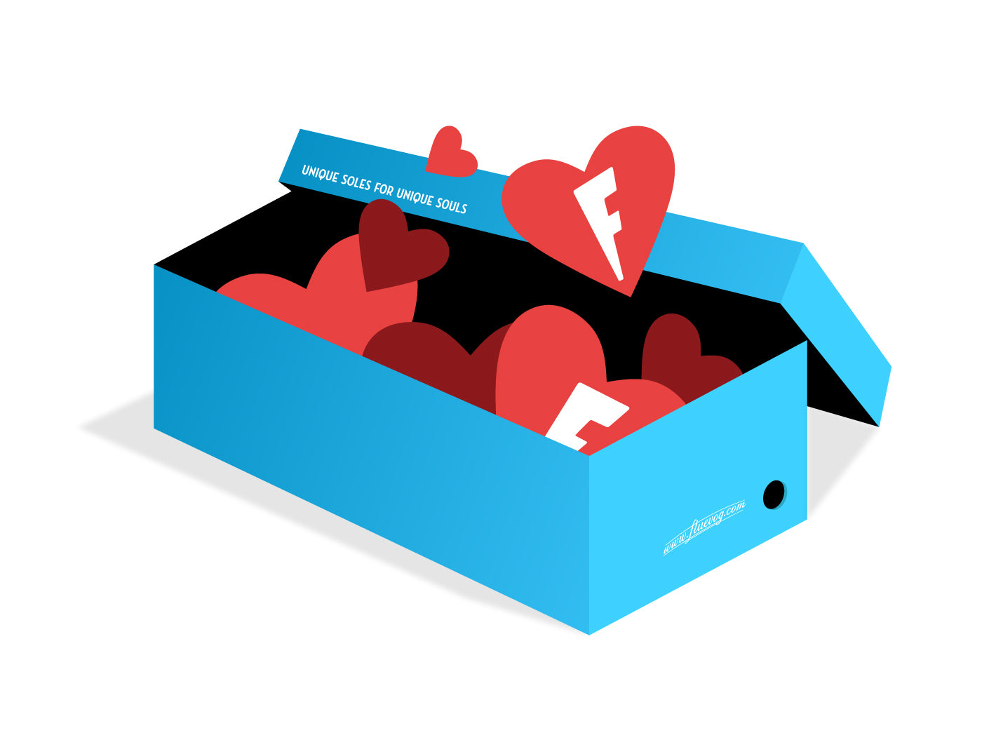default - A Fluevog shoe box filled with red hearts featuring a Fluevog F in the center